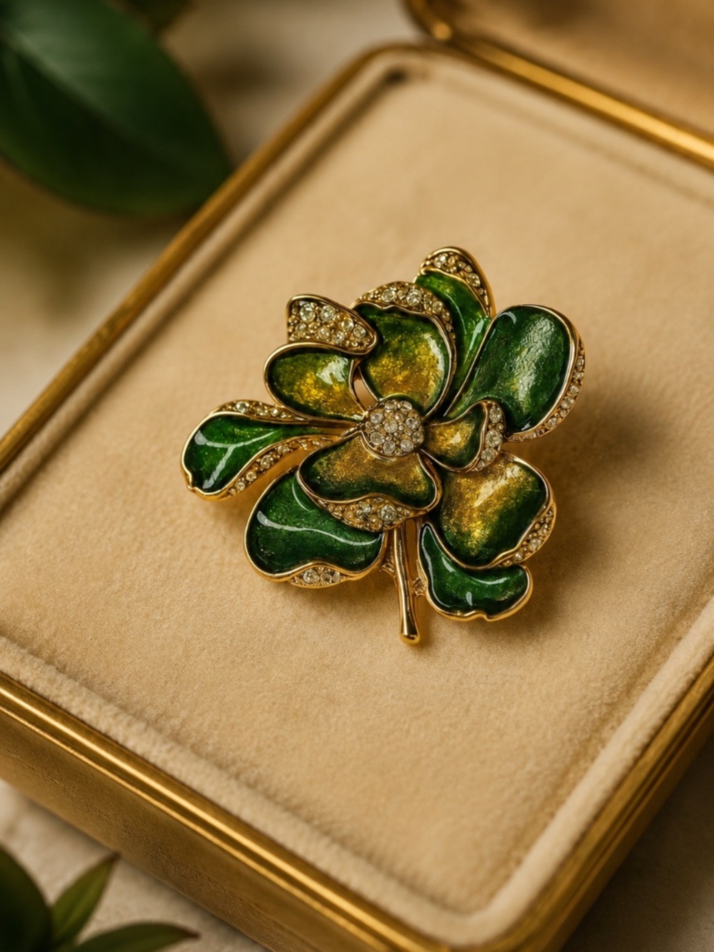 Monet Signed Green‎ Enamel Rhinestone Flower Brooch Vintage Statement Pin OS